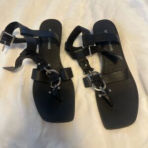 Donald J. Pliner Black Leather Ring-Detail Square Toe Sandals